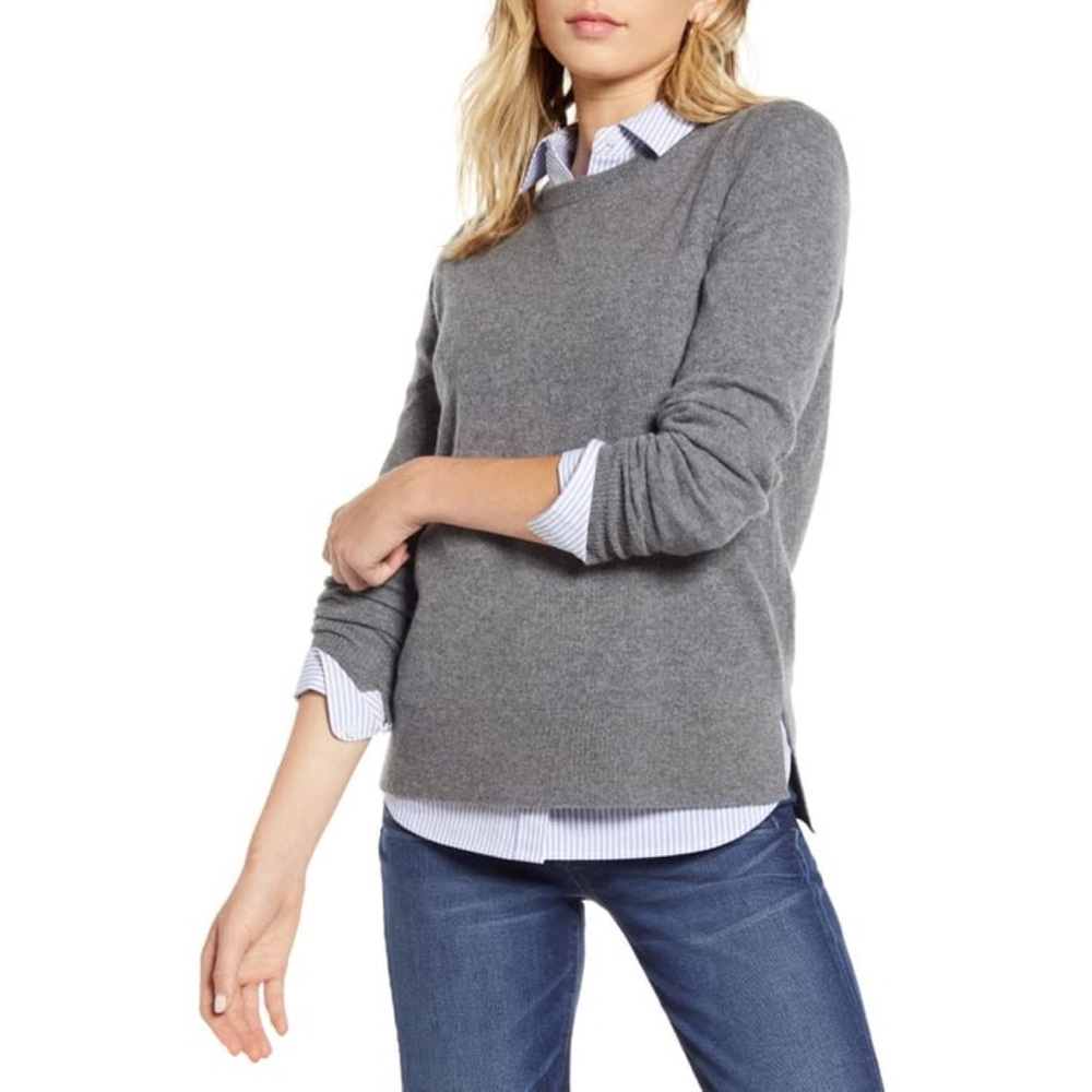 Halogen Crewneck Cashmere Sweater Pullover Grey Minimal Side Slits Fitted